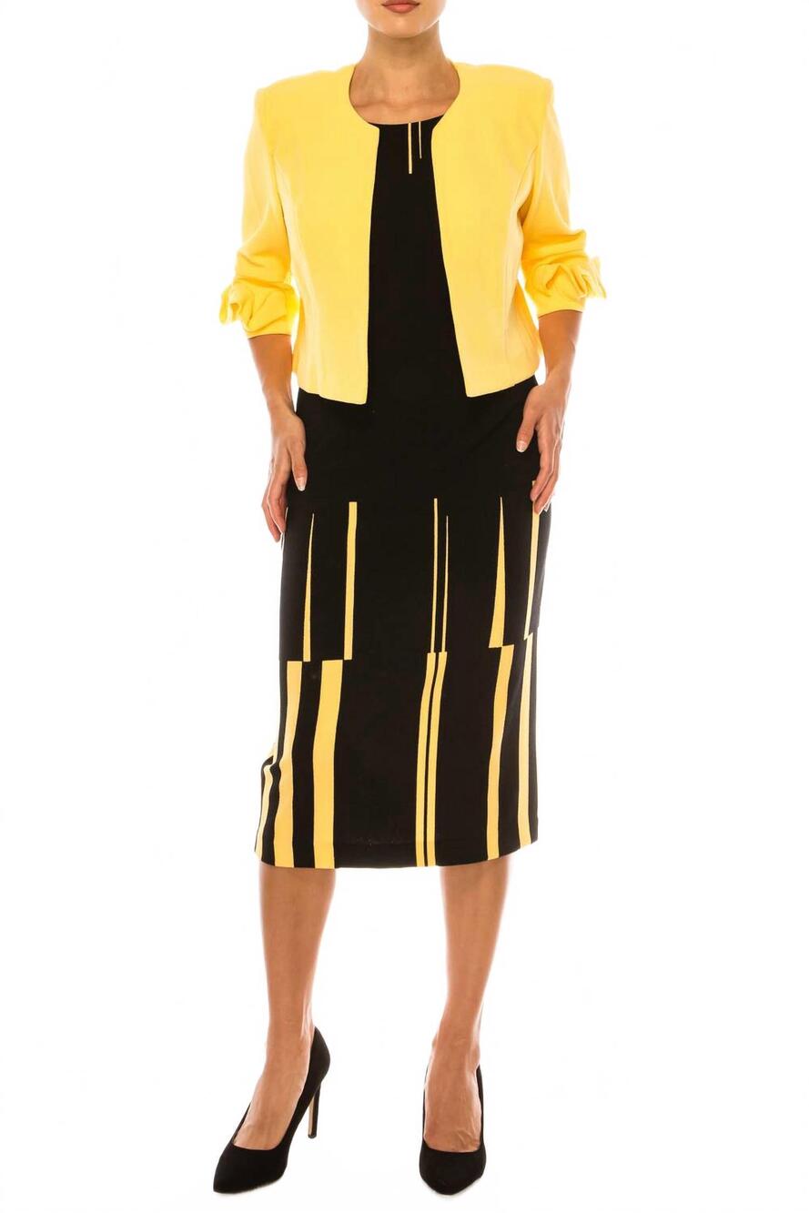 NEW MAYA BROOKE abstract lined contrast jacket dress in yellow black